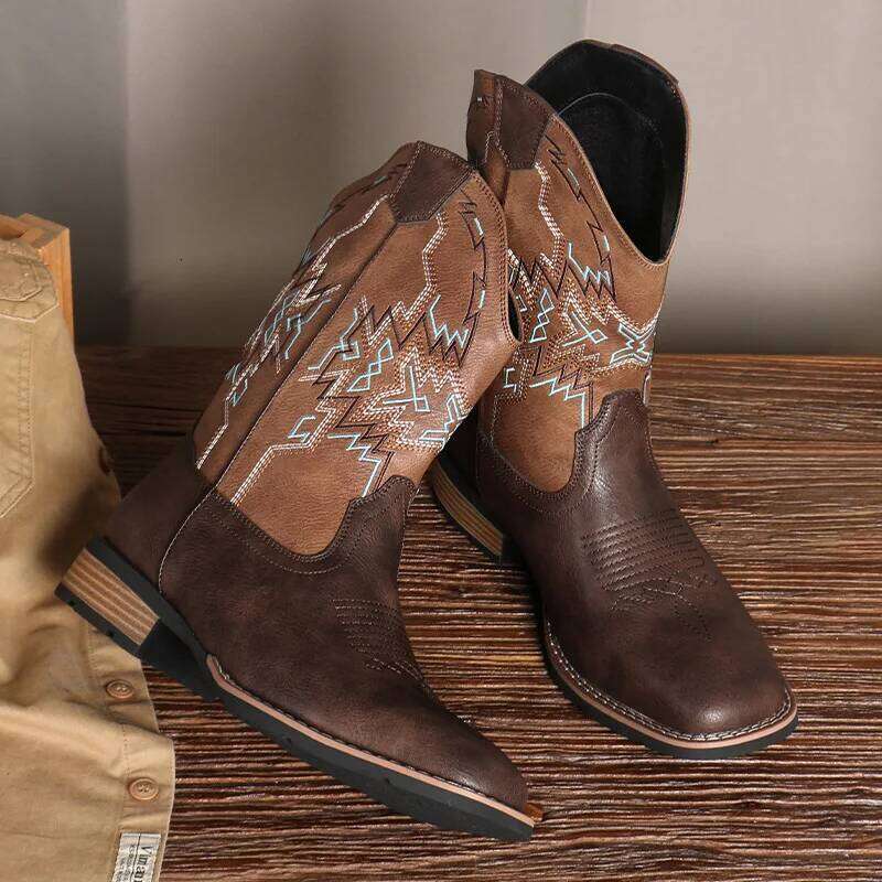 Men's Classic Retro Western Cowboy Boots Mens Fashion Patchwork Embroidery Designer Mid-Calf Leather Casual Boot