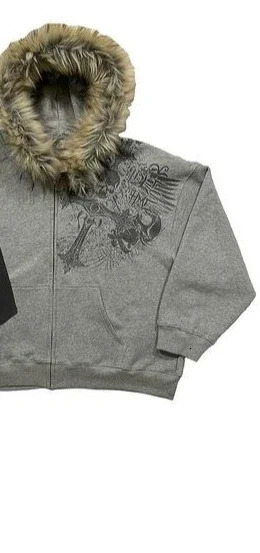 Y2k Street vintage warm cardigan loose hoodie men winter fashion fur collar hat skull print zipper sweatshirt 251013