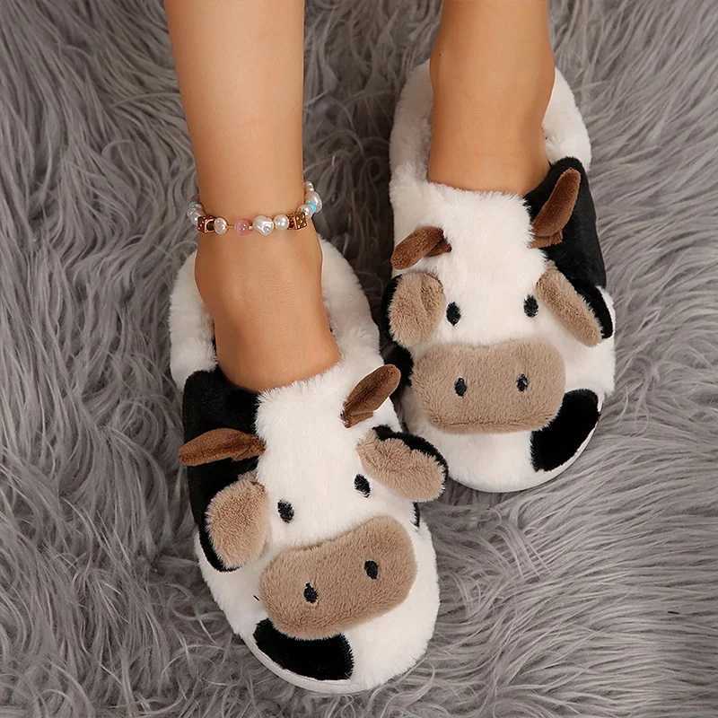 Ladies Winter Slippers Cute Cartoon Heart Animal Cow Fur Warm Cotton AntiSlip Home Comfortable Girls Footwear Z20251020