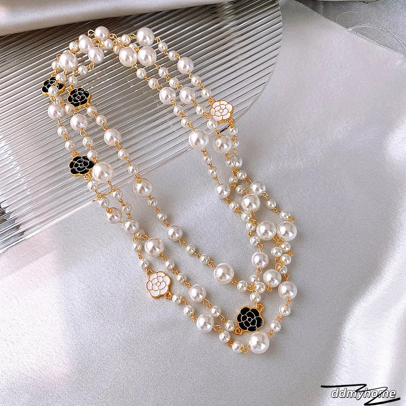 Elegant Long Necklace With Camellia Flower And Pearl Accents - Double Layer Fashion Jewelry For Women Ddmyhome