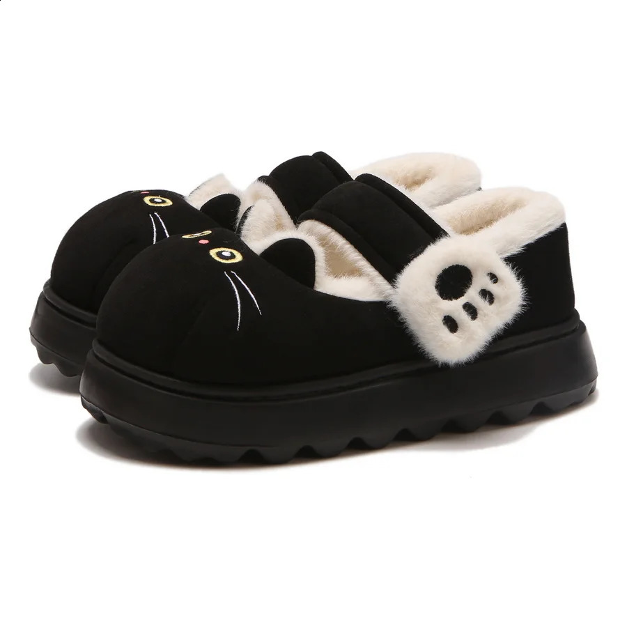 fuzzy black cat shoes hook loop winter slippers for women indoor mary jane plush shoes mom shallow warm kitty slippers woman 251013