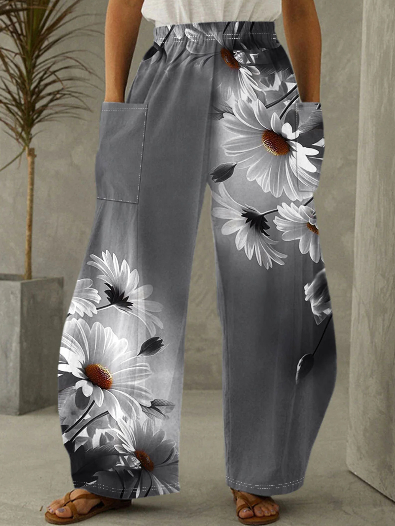 Women's Autumn & Winter New Fashion Floral Printed Casual Pants with Pockets, Milk Silk Elegant Wide-Leg Trousers -CF43761