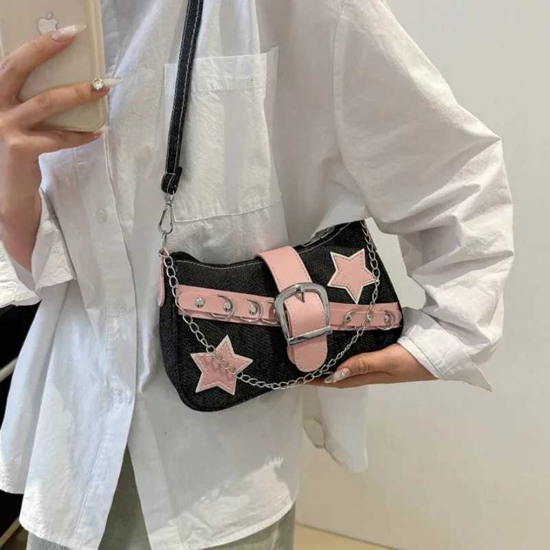Y2k Cool Hot Girls Denim Shoulder Bags Vintage Rivet Star Womens Chain Underarm Bag Contrasting Color Female Portable HandbagT251020