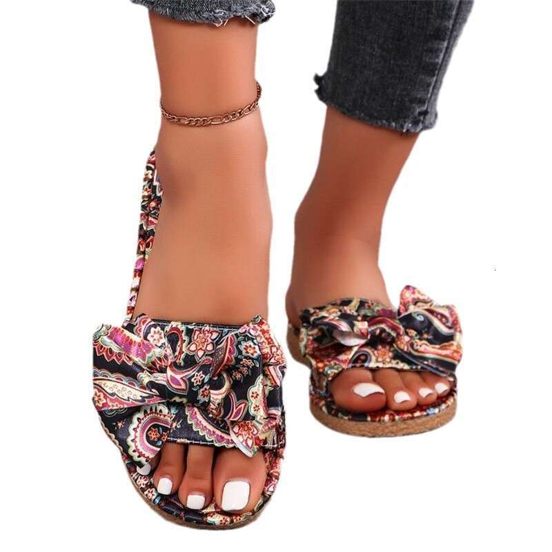 2025 new summer free shipping large size outdoor designer slippers bowknot flat heel womens sandals