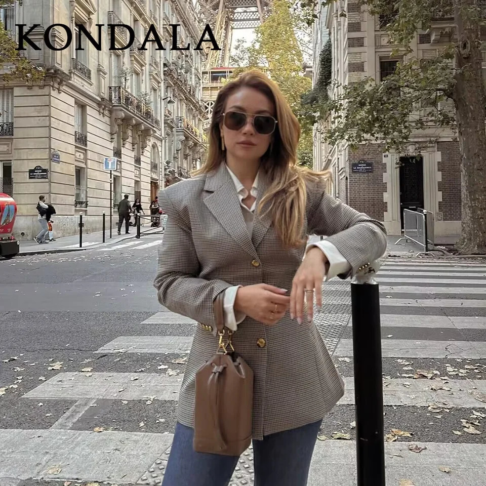 KONDALA Fall Winter Office Lady Houndstooth Women Blazer Fashion Vintage Single Breasted Elegant Shrug Button 251106
