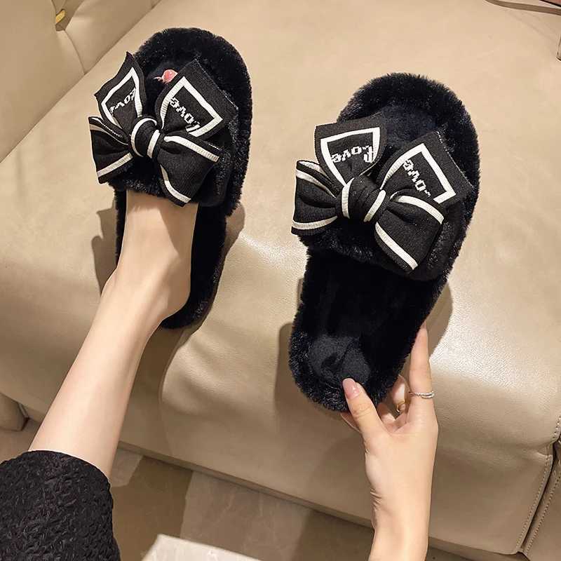 Casual Fluffy Slippers Women House Flats Fashion Winter Bowknot Love Designer Shoes Ladies Home Plush Platform Elegant Footwear Z20251020