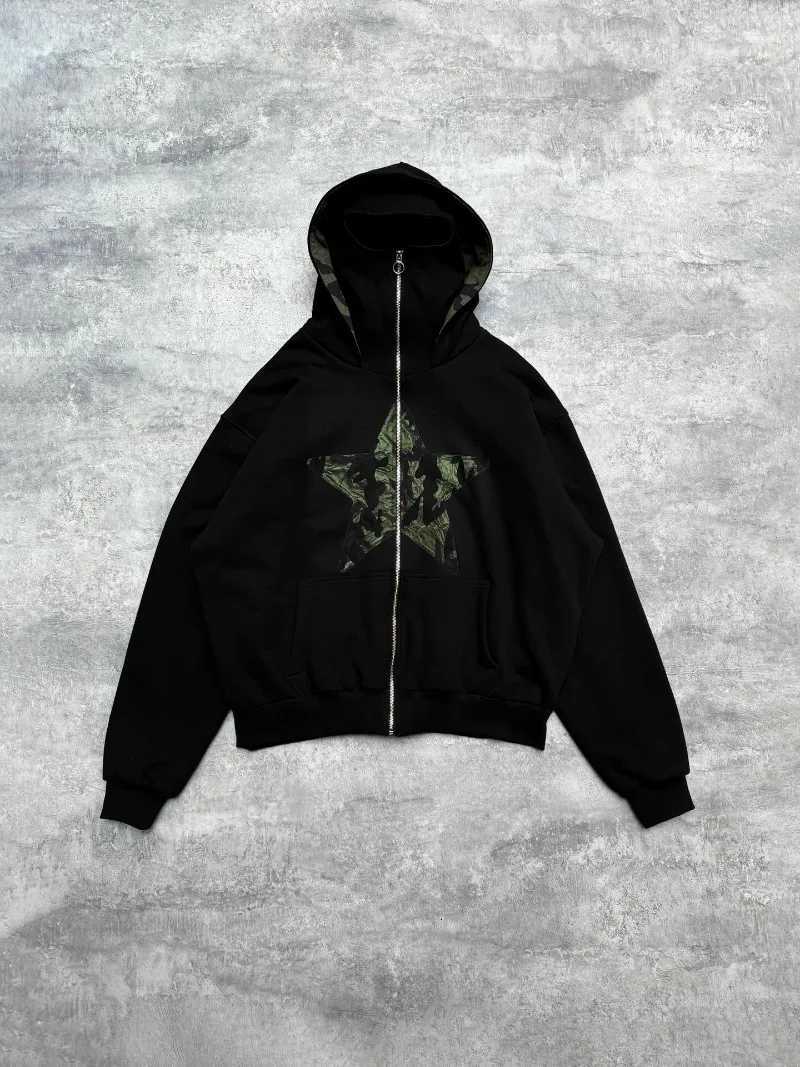 Retro hip hop Y2K camouflage star print design loose men hoodie sweatshirt fashionable high street Gothic punk zipper hoodie W251020