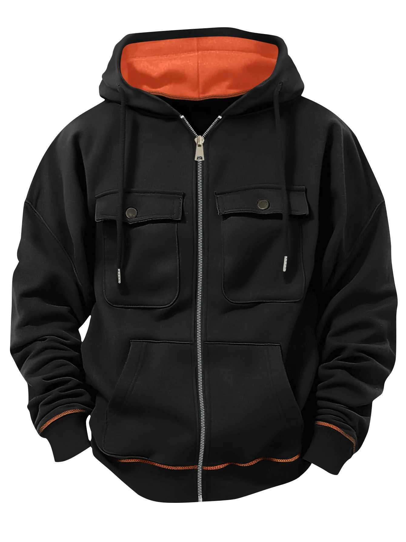 Spring Autumn New Mens Multi Pocket Hoodie with Velvet Casual Zipper Hoodie Fashion Sports Street Top Jacket for Men W251020