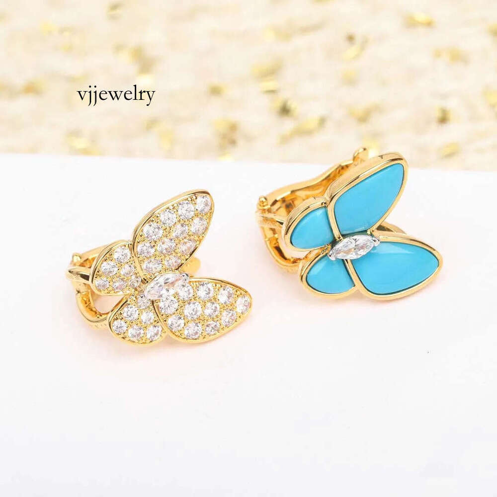 Fashion Earrings clipper earring with dia and blue turquoise stone butterfly shape have stamp Jewelry