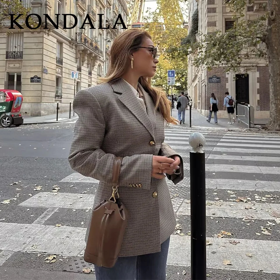 KONDALA Fall Winter Office Lady Houndstooth Women Blazer Fashion Vintage Single Breasted Elegant Shrug Button 251106