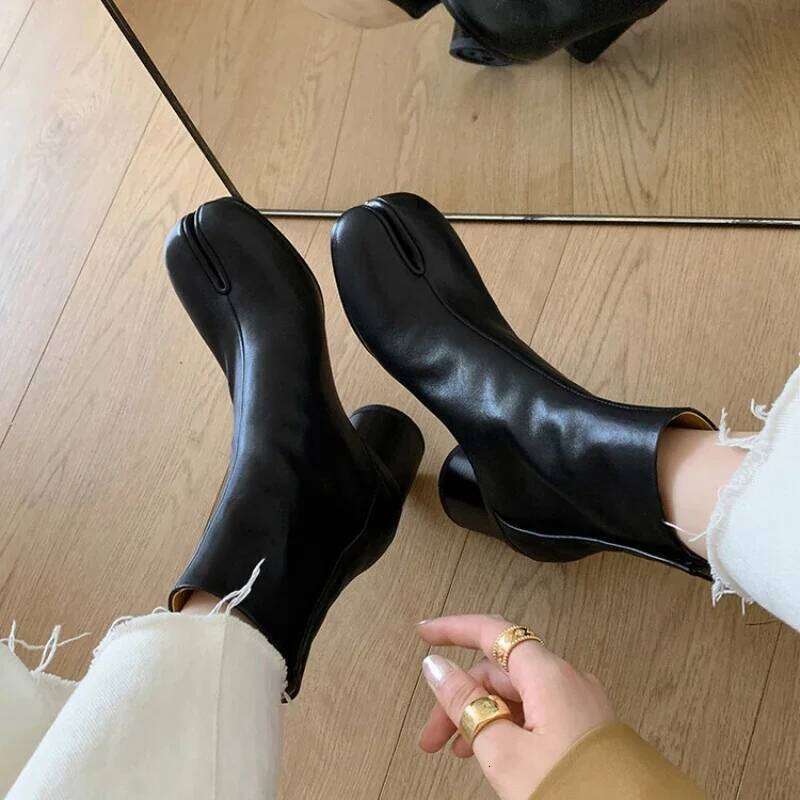 Brand Designer Tabi Split-toe Ankle Women Genuine Leather Chunky High Heel Short Boots 2025 Spring Autumn Shoes
