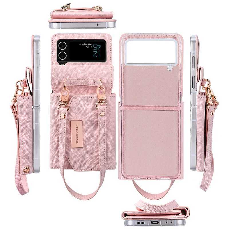 VietaoLeather Wallet Case for Galaxy Z Flip 4 3 Z4 Z3 z flip 5 phone case with hand strap Z flip 6 Flip 7 caseY251020