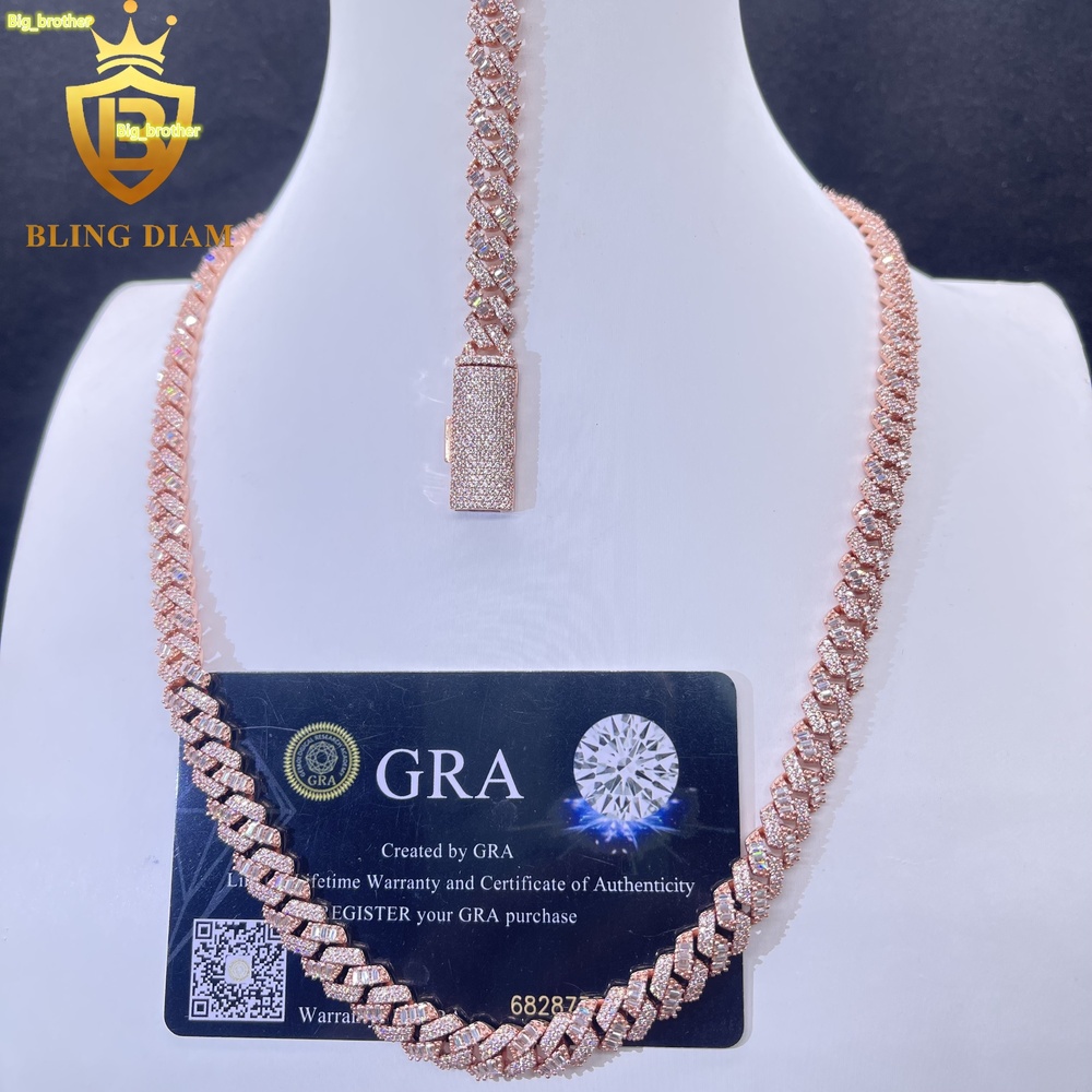 2026 8mm Hip Hop Miami Rose Gold Cuban Link Chain Baguette Moissanite Iced Out 925 Sterling Silver Necklace Bracelet Set for Men