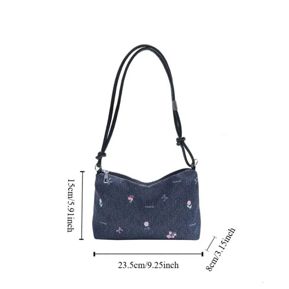 Trendy Korean Bow Underarm Bag Versatile Sweet Denim Shoulder Bag Zipper Blue Womens Handbag FemaleT251020