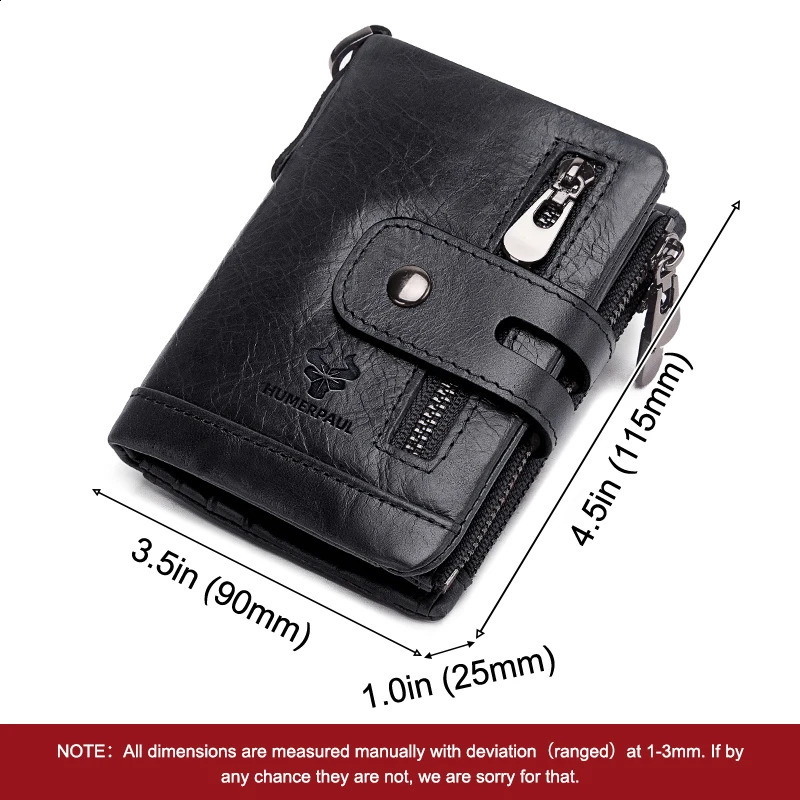 HUMERPAUL100 Genuine Cowhide Leather Wallet For Men Short RFID Money Purse Card Holder Double Zipper Bifold Coin Pocket 251023ww