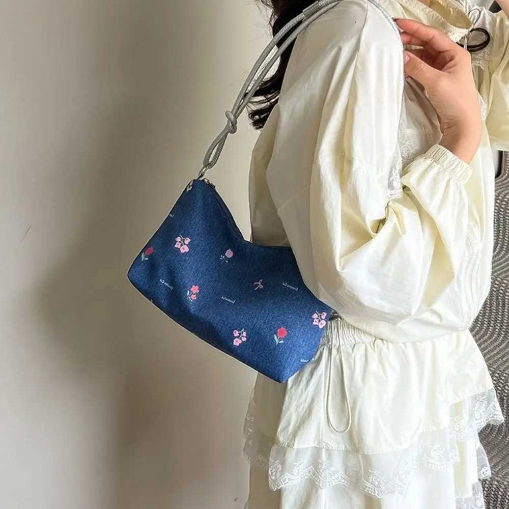 Trendy Korean Bow Underarm Bag Versatile Sweet Denim Shoulder Bag Zipper Blue Womens Handbag FemaleT251020