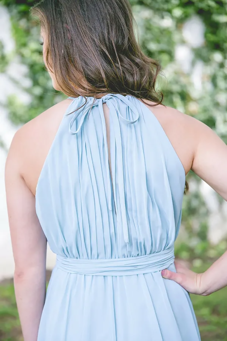New Light Sky Blue Bridesmaid Dresses A Line Jewel Neck Chiffon Flow Split Long Maid of Honor Gowns M018
