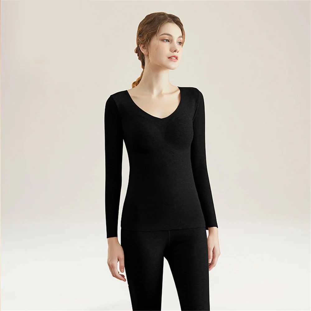 Women Vneck Seamless Thermal Underwear Set Autumn Winter Warm Lingerie Long Sleeve Tops With Chest Pads Trousers Twopiece SuitT251020