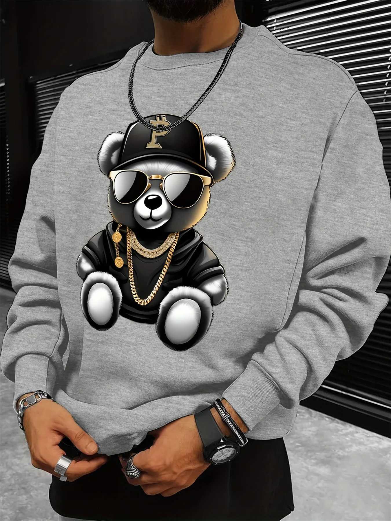 Mens autumn and winter fashionable casual loose cool bear cartoon graphic print fleece long sleeved round neck sweatshirt W251020