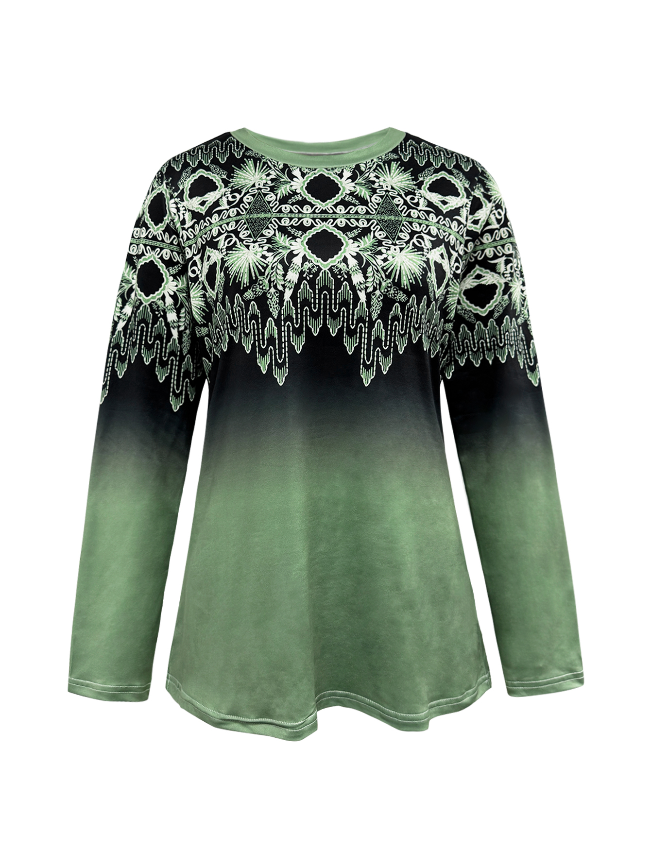 Women's Autumn & Winter Retro Ethnic Style Gradient Floral Printed Crew Neck Top, Casual Daily Wear Milk Silk Blouse-CF55338