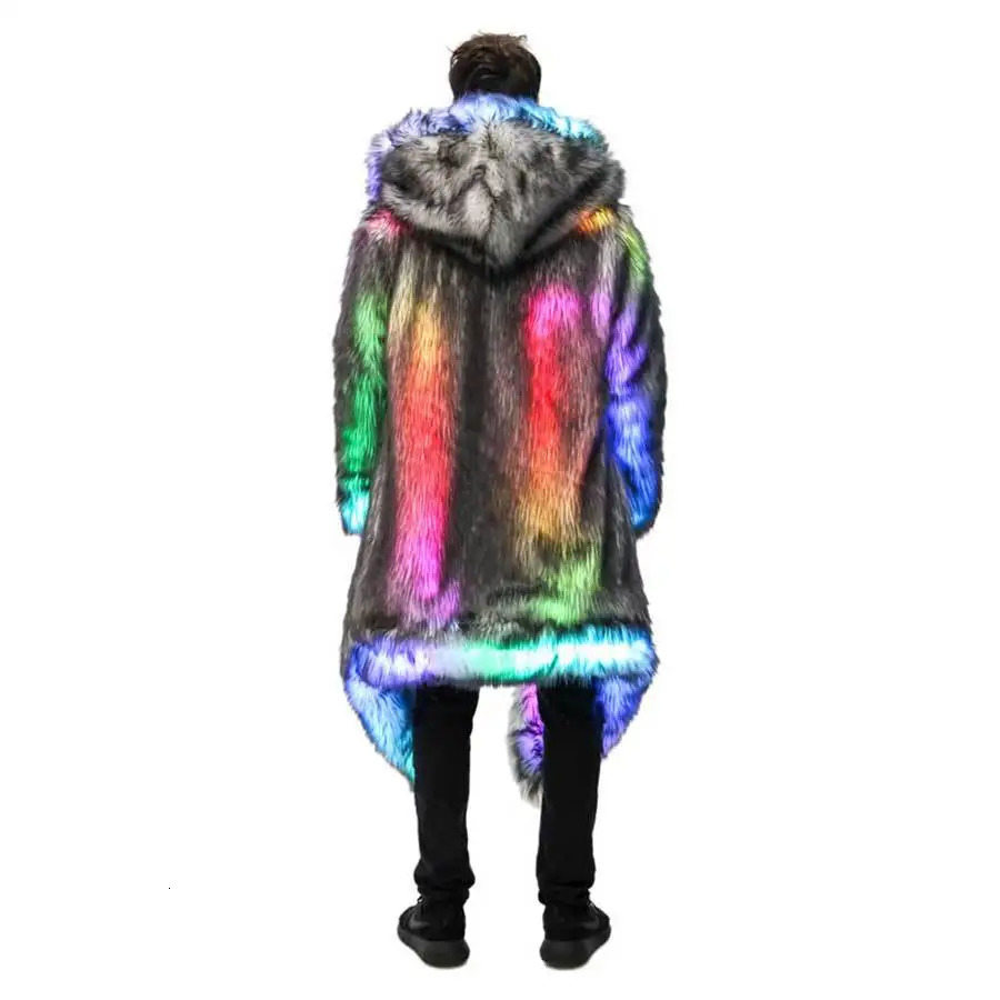 Faux Fur Coat Men Hooded Outerwear Comfortable Thick Winter Warm Long Jacket LED Stage Dance Party Cosplay Costume Overcoat 251018