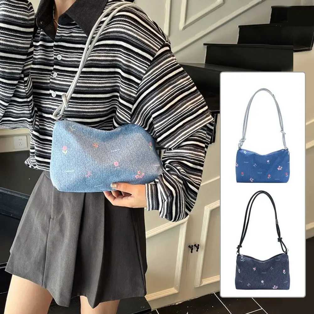 Trendy Korean Bow Underarm Bag Versatile Sweet Denim Shoulder Bag Zipper Blue Womens Handbag FemaleT251020