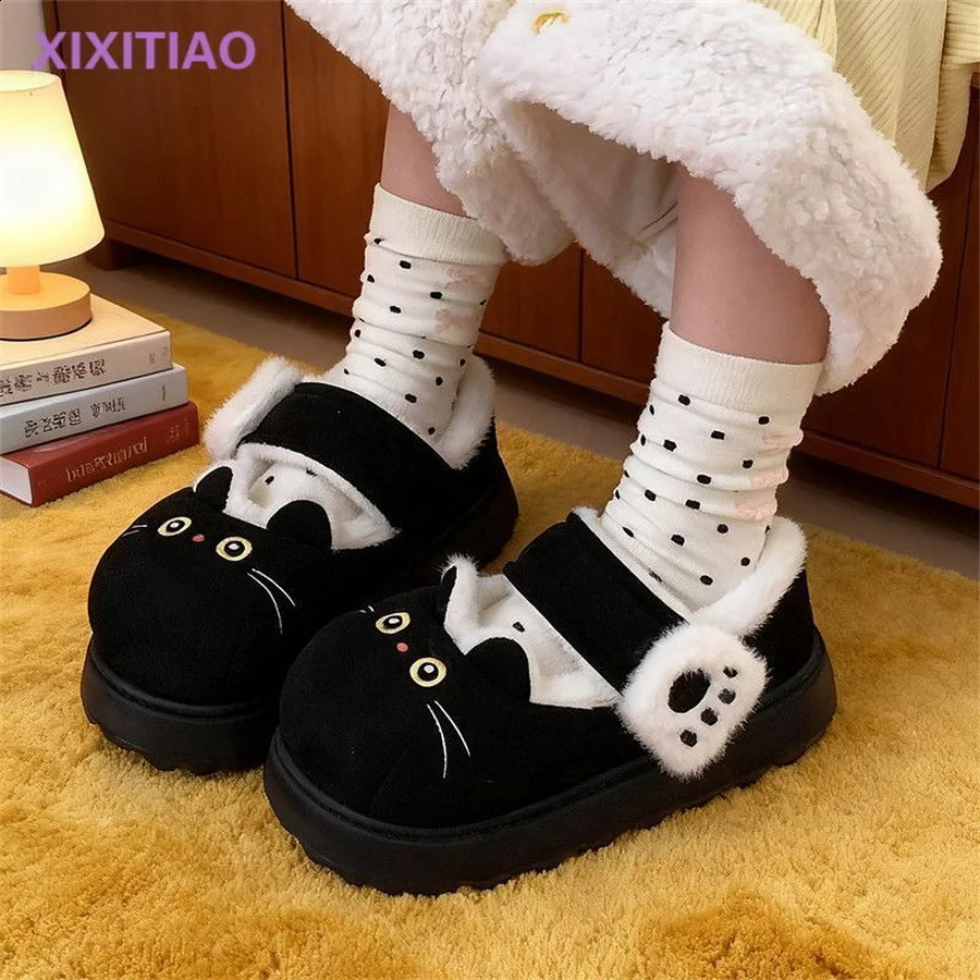 fuzzy black cat shoes hook loop winter slippers for women indoor mary jane plush shoes mom shallow warm kitty slippers woman 251013