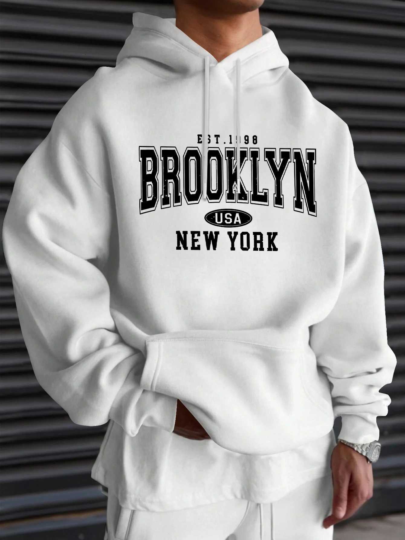 Piece for Mens Casual Hoodie Brooklyn New York Pattern Print Regular Style Longsleeved Pullover Autumn and Winter Style W251020