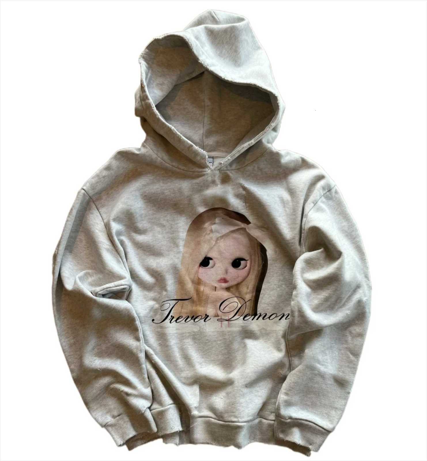 American Street Style Y2K Gothic Doll Pattern Hoodie Sweatshirt Mens Womens Gray Oversized Pullover Sweatshirt Casual Jacket W251020