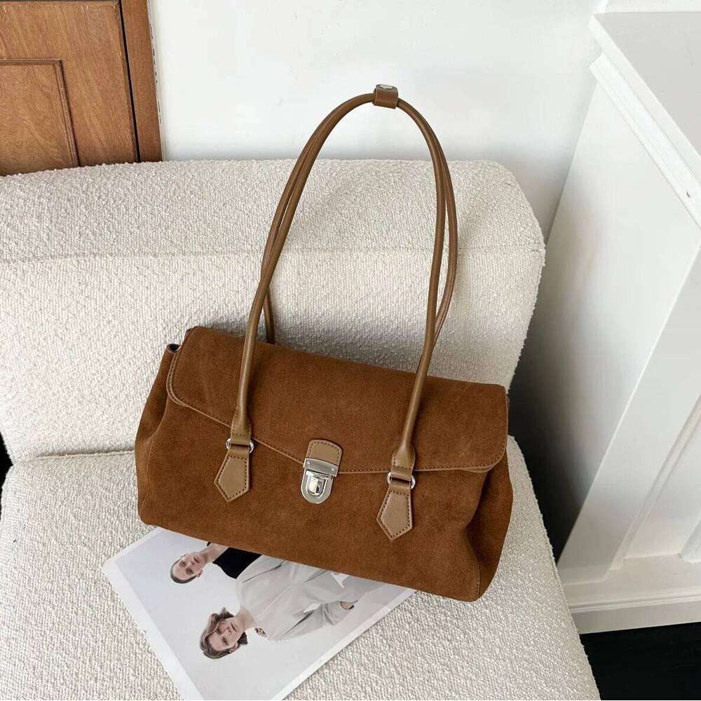 Suede Spliced Cowhide Women's Underarm New Niche Design Vintage Large Capacity Fashionable Handbag Shoulder Bag Suotong251020 Suotong1020