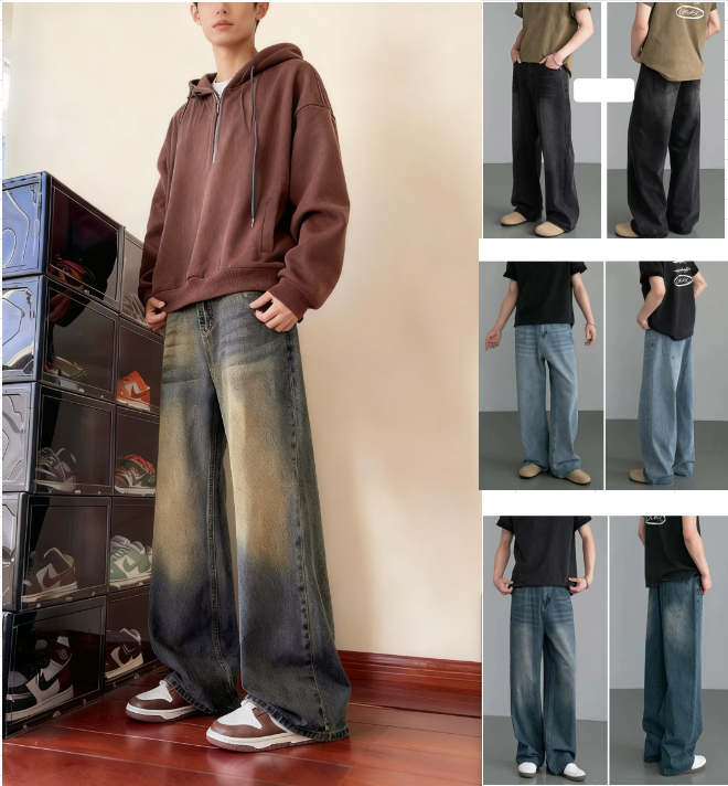 Men's Southeast Asian bestseller washed wide-leg jeans, retro distressed loose straight-leg pants