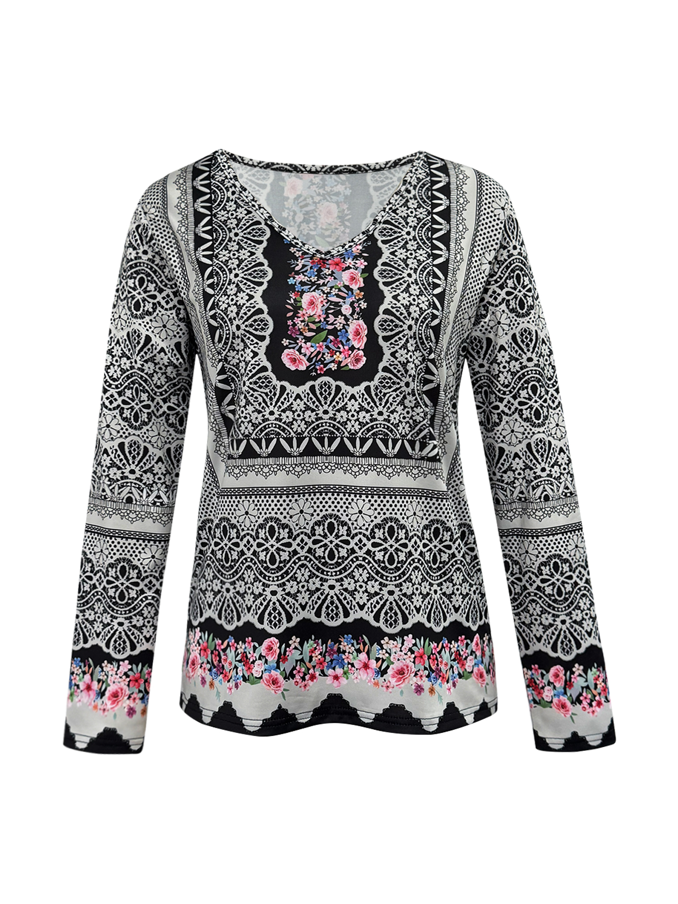 Women's Retro Ethnic Style V-Neck Thin Long Sleeve T-Shirt, Fashion Milk Silk Top (S-XXL, Black Gray)-CF43476