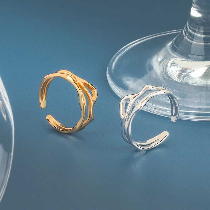 LIVVY Silver Color Irregular Hollow Double Line Geometric Ring Female Simple Unique Design Fashion Adjustable Jewelry J251020