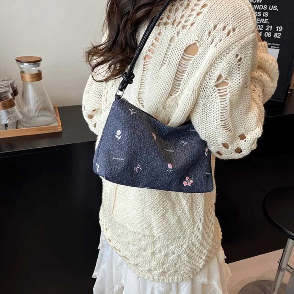 Trendy Korean Bow Underarm Bag Versatile Sweet Denim Shoulder Bag Zipper Blue Womens Handbag FemaleT251020