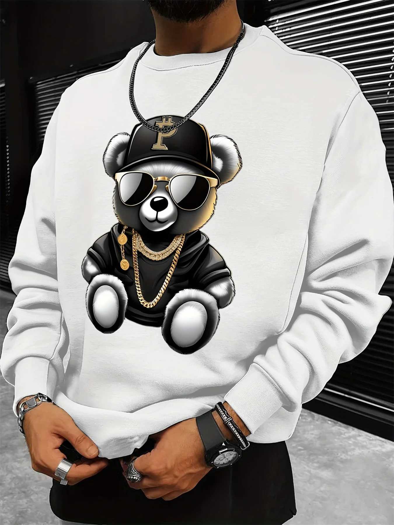Mens autumn and winter fashionable casual loose cool bear cartoon graphic print fleece long sleeved round neck sweatshirt W251020