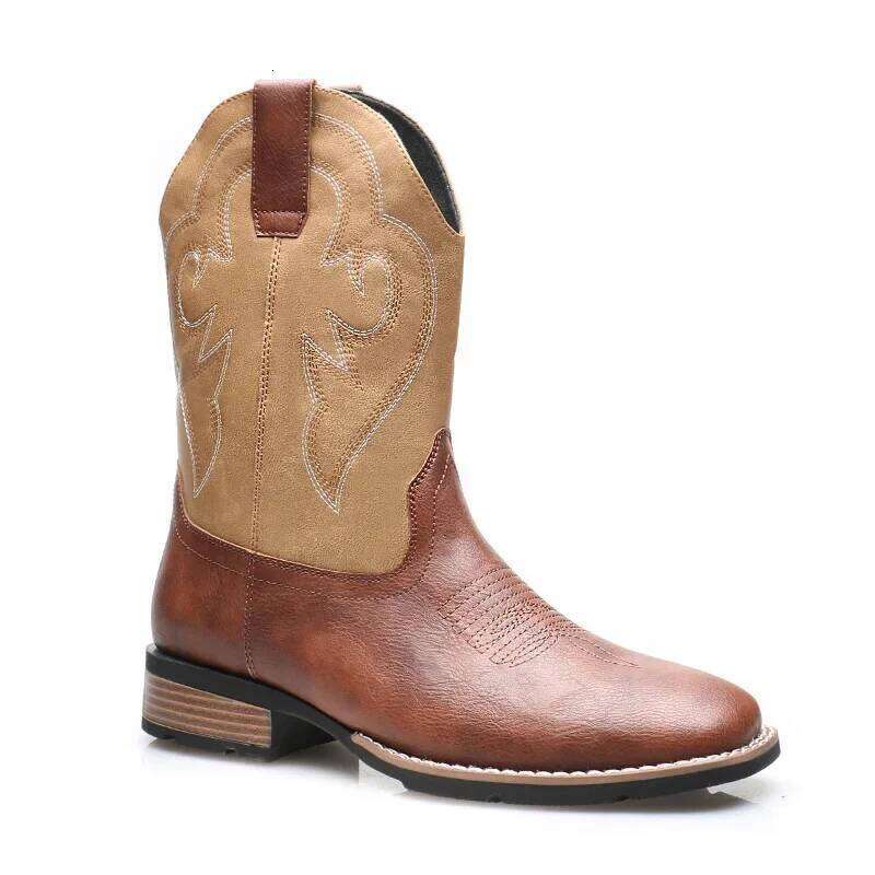 Men's Classic Retro Western Cowboy Boots Mens Fashion Patchwork Embroidery Designer Mid-Calf Leather Casual Boot