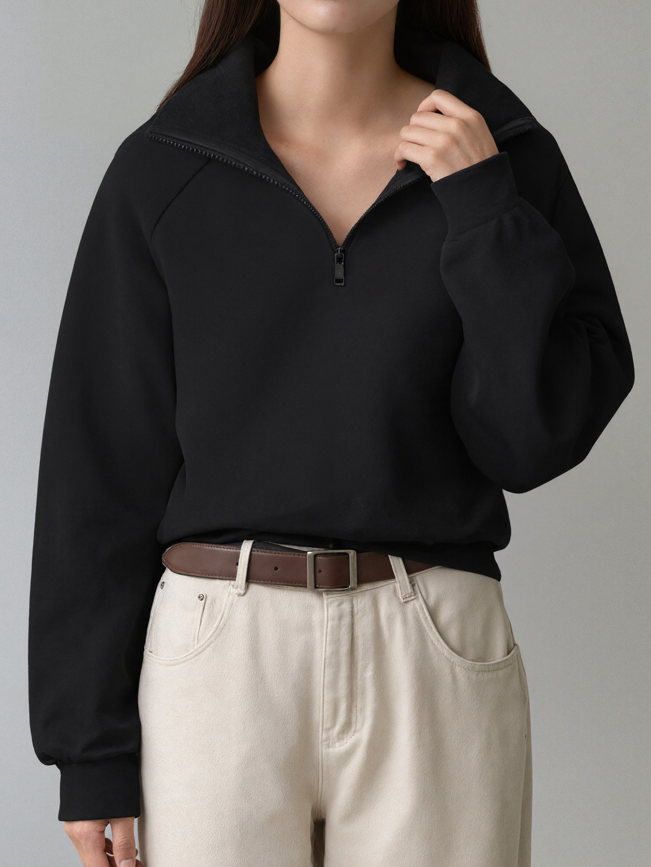 Women's Autumn & Winter Fashion Black Zipper Stand Collar Sweatshirt, Casual Commute & Office Japanese Style Pullover-CF56377