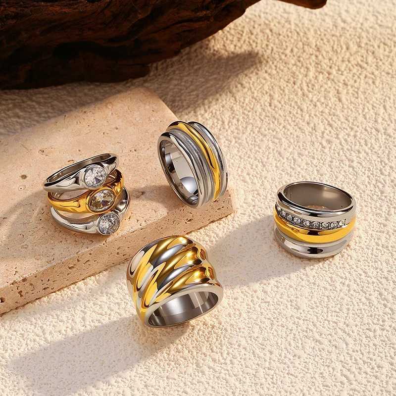 European American New WideFace Bold Ring Irregular GoldSilver Cross TwoTone Stainless Steel Jewelry Womens Party Statem J251020