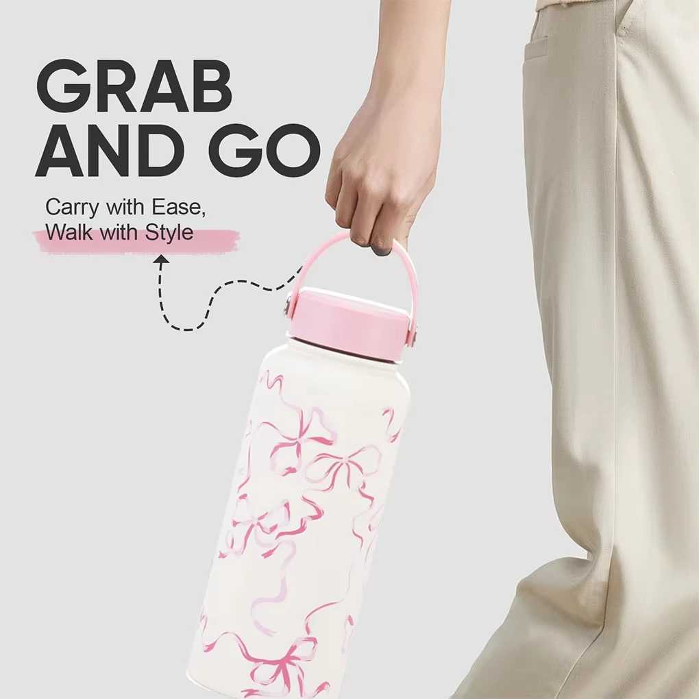 1L Cute Insated Bottle Large Flower Stainless Steel Thermos Portable Vacuum Sports Water Bottle Outdoor Flask Y251020