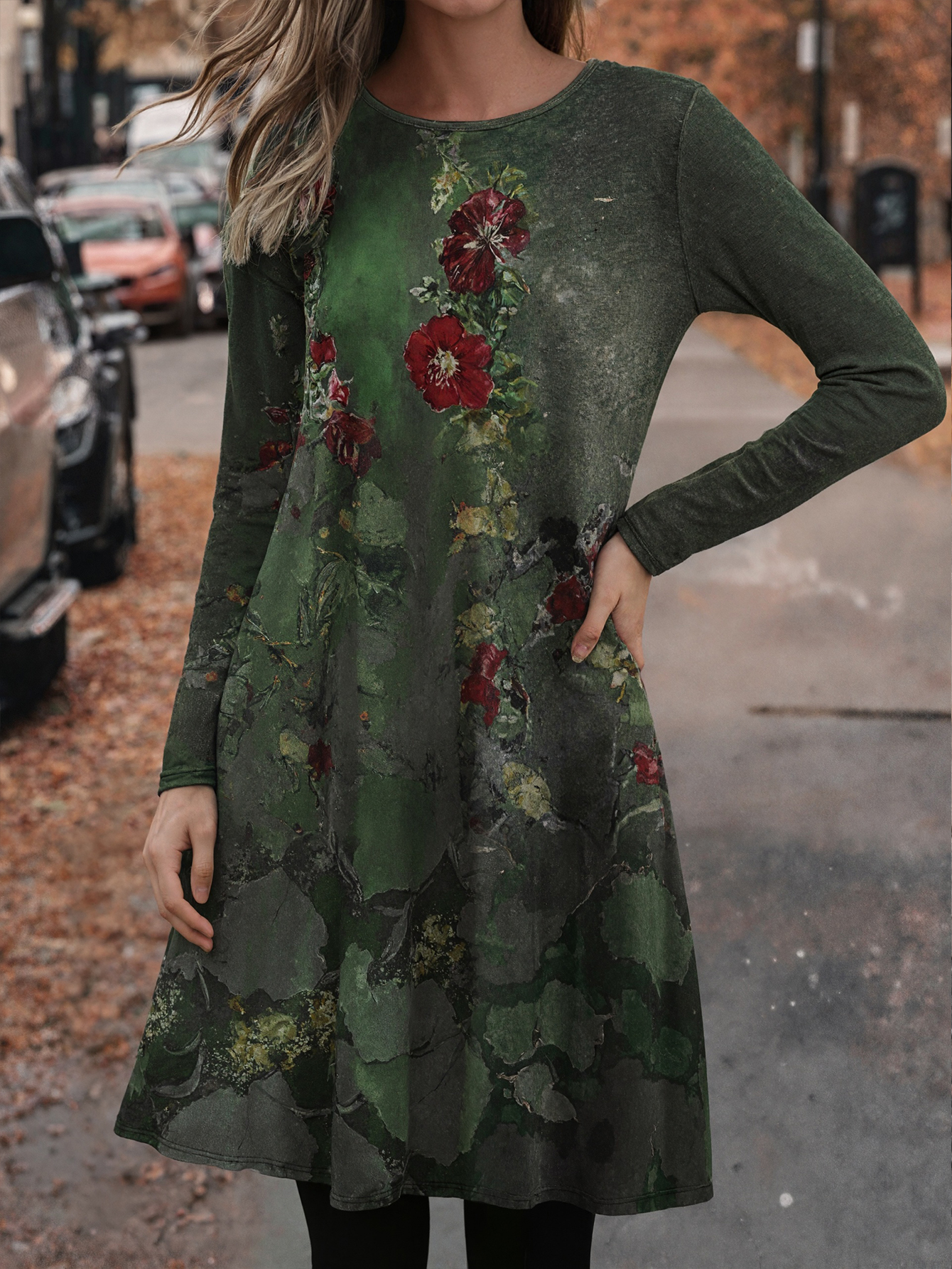 Women's Autumn & Winter New Floral Printed Dress, Elegant Versatile Milk Silk Midi Dress-CF40383