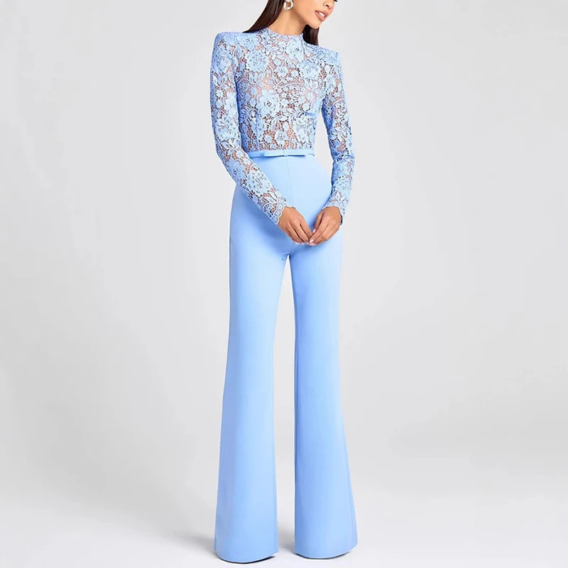 Jacquard Lace Highwaisted Women Jumpsuit Embroidery Crochet Office Straight Playsuit Sexy See Through Hollow Flare Pants Romper 251016