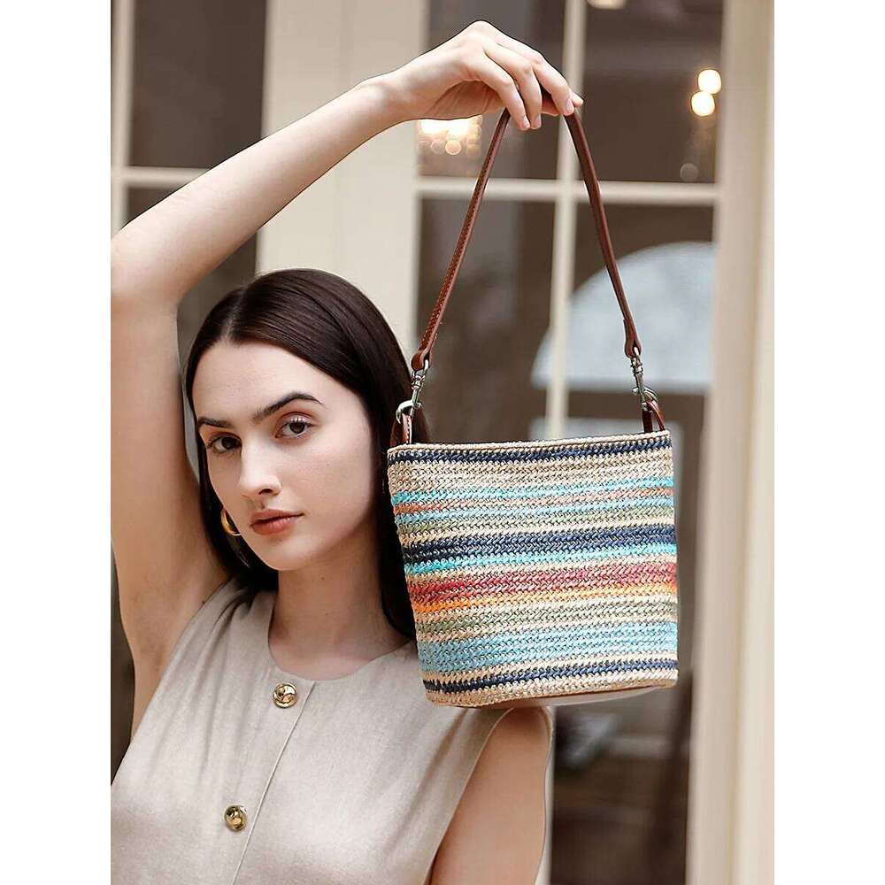 Women's Summer Fashionable Woven Tote Bag Genuine Leather Beach Vacation Commuting Contrast Design Handbag Suotong251020 Suotong1020