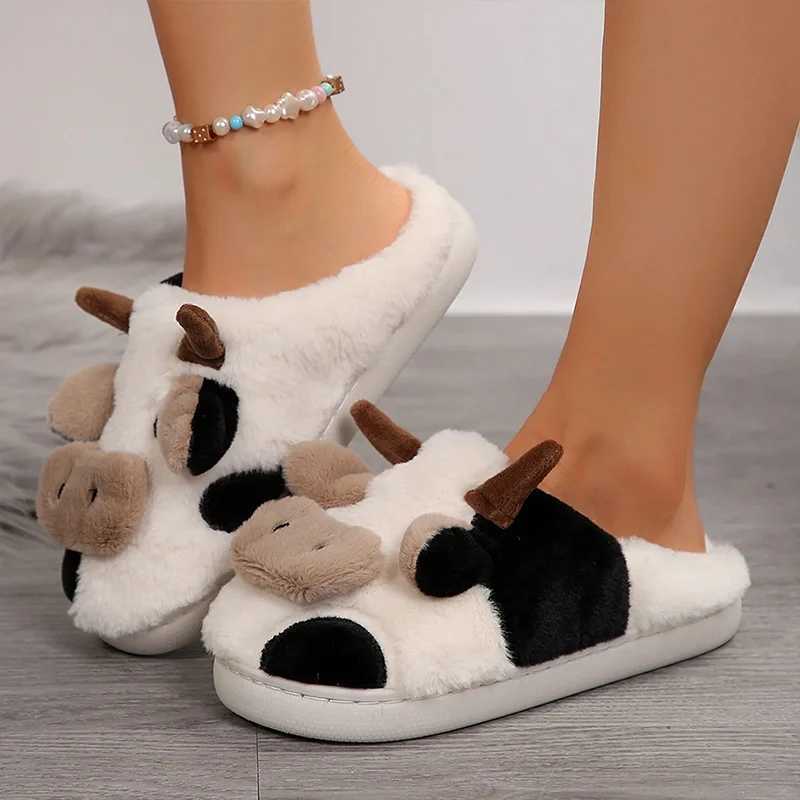 Ladies Winter Slippers Cute Cartoon Heart Animal Cow Fur Warm Cotton AntiSlip Home Comfortable Girls Footwear Z20251020