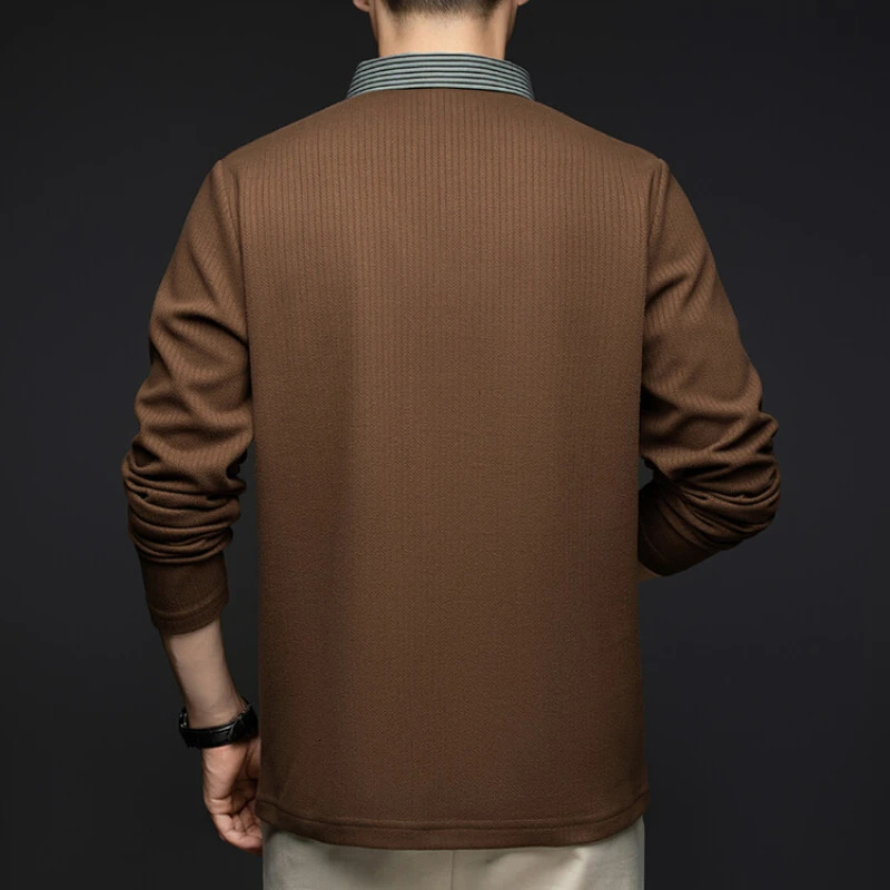 Mens FallWinter Long Sleeve TopKnit Sweater with Woven Shirt Collar and Knit Body Blouse Tshirt 251015