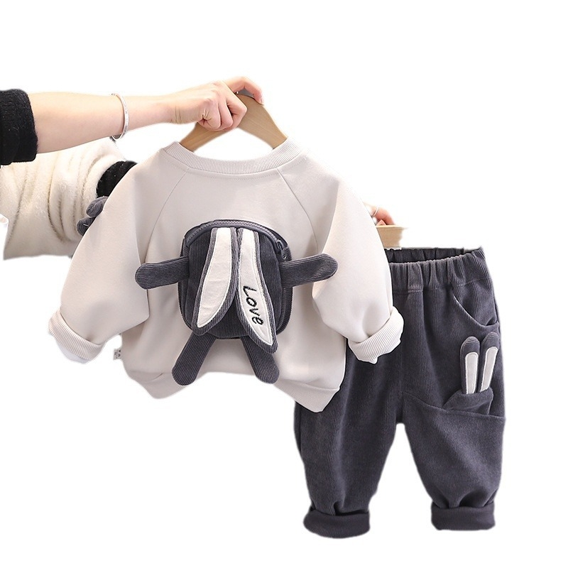 2025 new hot selling baby spring and autumn clothes, children's cute rabbit bags, two-piece set, trendy children's spring clothes, hoodie se