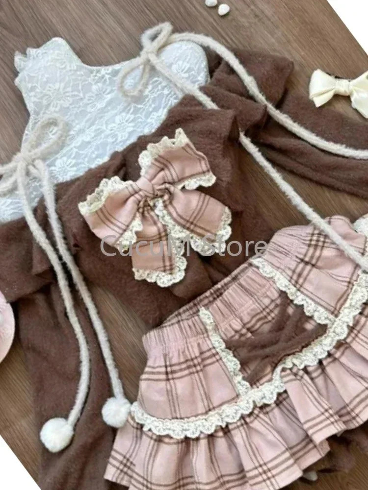 Japanese Sweet Lolita 2 Piece Sets Women Retro Off Shoulder Bow Blouse Tops Plaid Cake Mini Skirt Girls Kawaii Y2k Slim Outfits 251020 - view 7