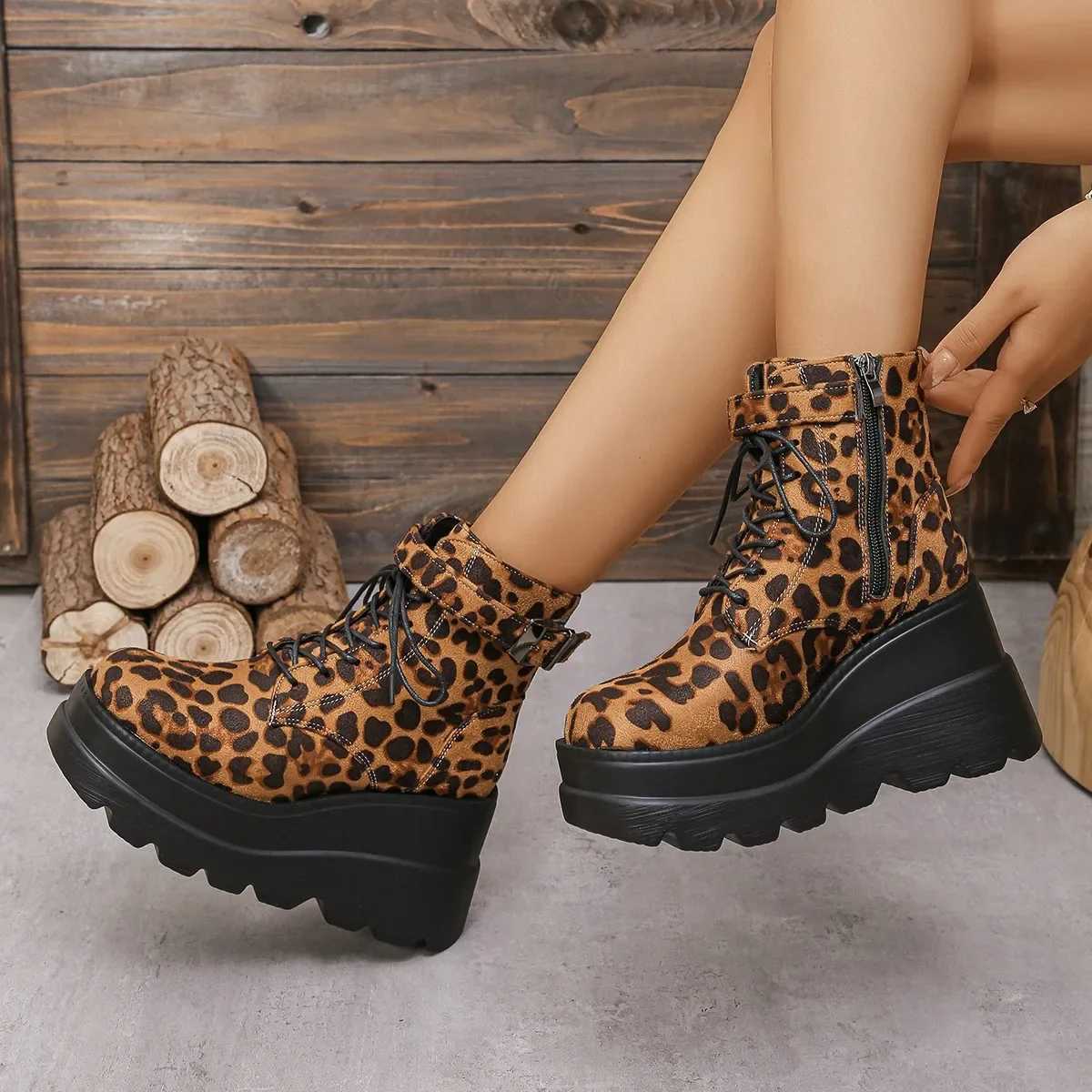 2024 Ladies Shoes Large Size Ankle Womens Boots High Heel Modern Boots Women Leopard Side Zip Frt Laceup Wedge Female ShoesXJ251020