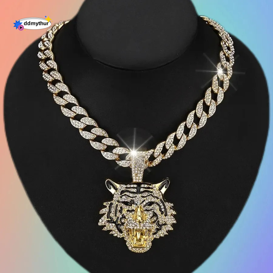 Men's Alloy Cuban Chain Necklace with 3D Tiger Pendant - Hip Hop Style Statement Jewelry ddmythur