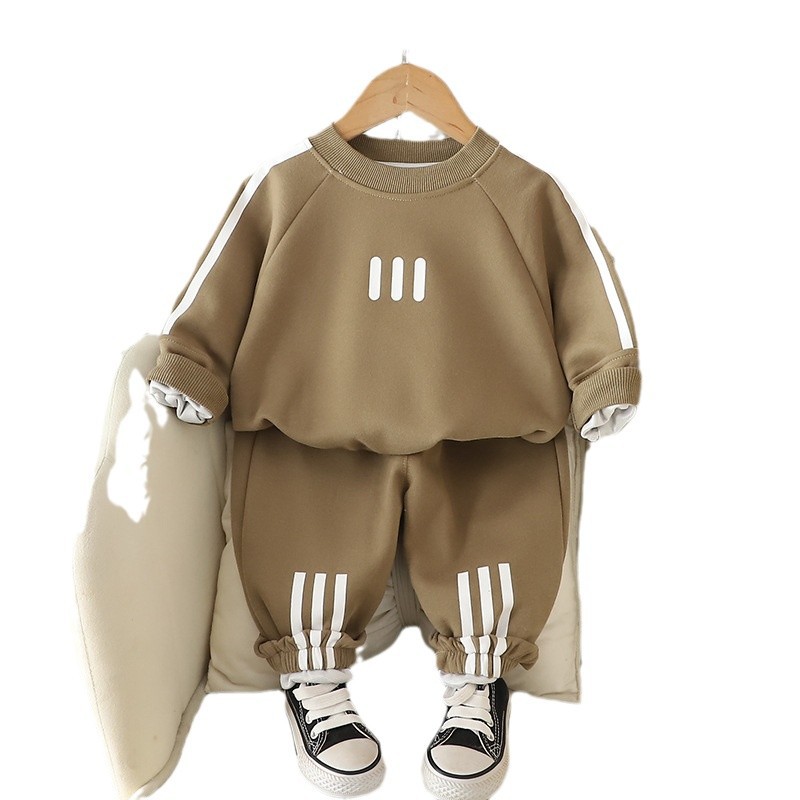 2025 new hot selling striped round neck long sleeved stylish versatile hoodie two-piece set for boys and babies in spring