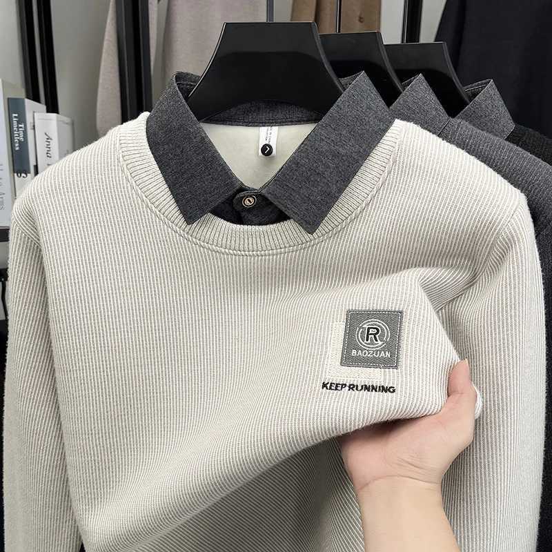 Luxury Quality Mens Knitwear O-Neck Velvet Printe Shirt Collar Pullover Autumn Winter Versatile Fashion Fake Two Piece MenswearT251103